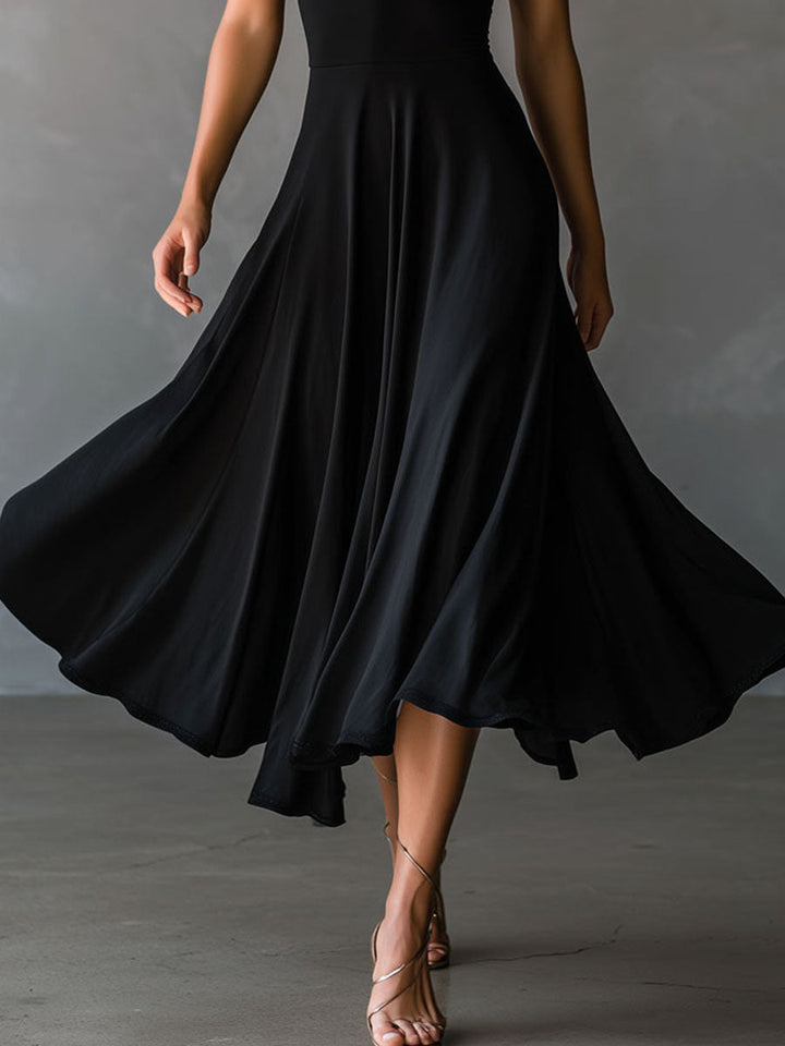 Vera | Vintage Black Halter Cross-Back A-Line Midi Dress