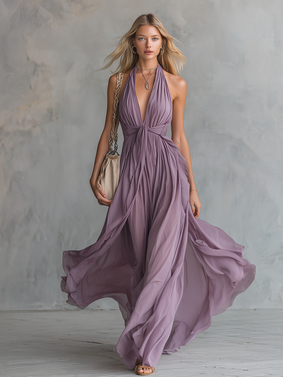 Evelina | Elegant And Stylish Halter Neck V-neck Sleeveless Chiffon Maxi Dress