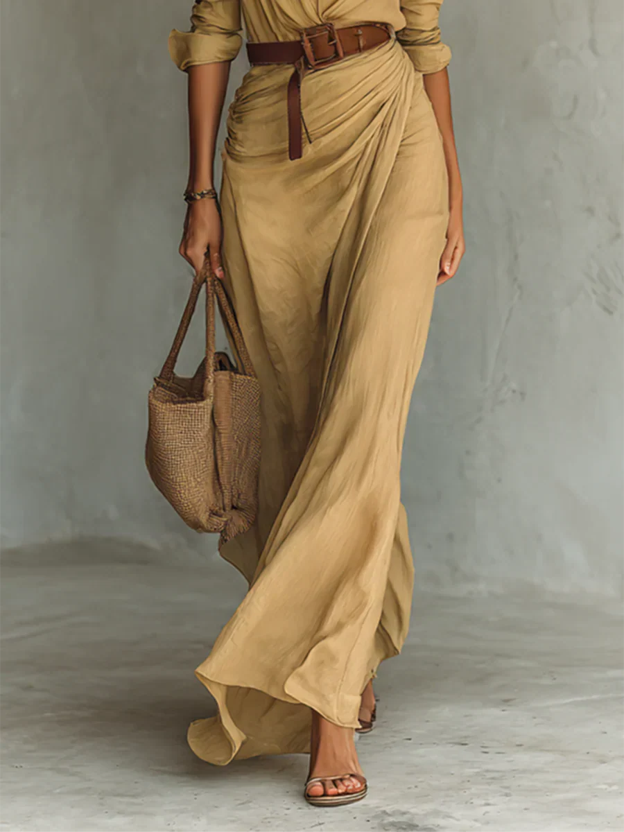 Lydia | Lapel Long Sleeve Belted Maxi Dress