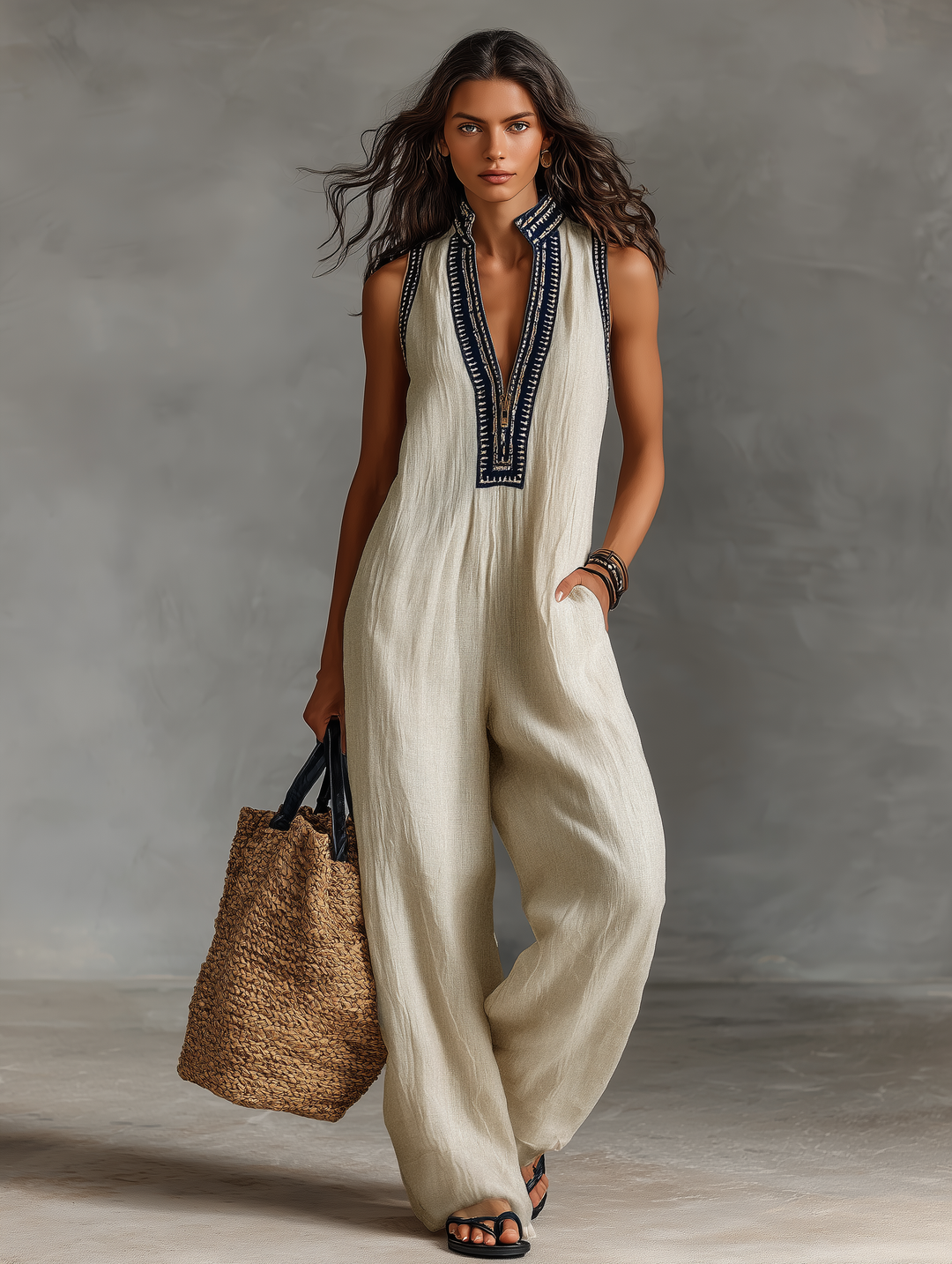 Sabrina | Sleeveless Stand Collar Embroidered Jumpsuit With Zipper