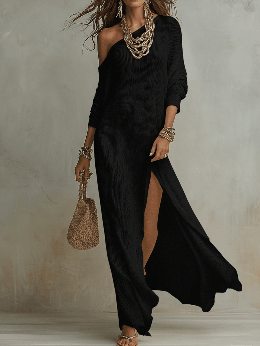 Savannah |  Ivory Bohemian Off Shoulder Loose Knit Side Split Maxi Dress