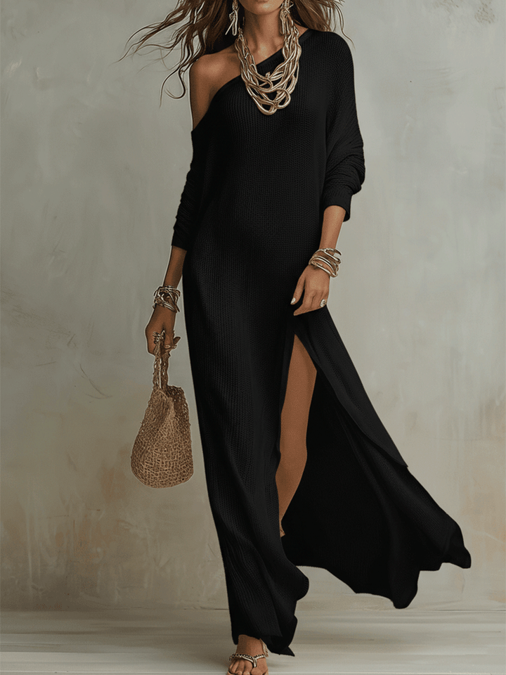 Savannah |  Ivory Bohemian Off Shoulder Loose Knit Side Split Maxi Dress