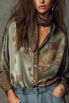 Satin Floral Button-Down Shirt With Leopard Trim