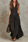 Retro Flap Pocket Cotton Maxi Dress