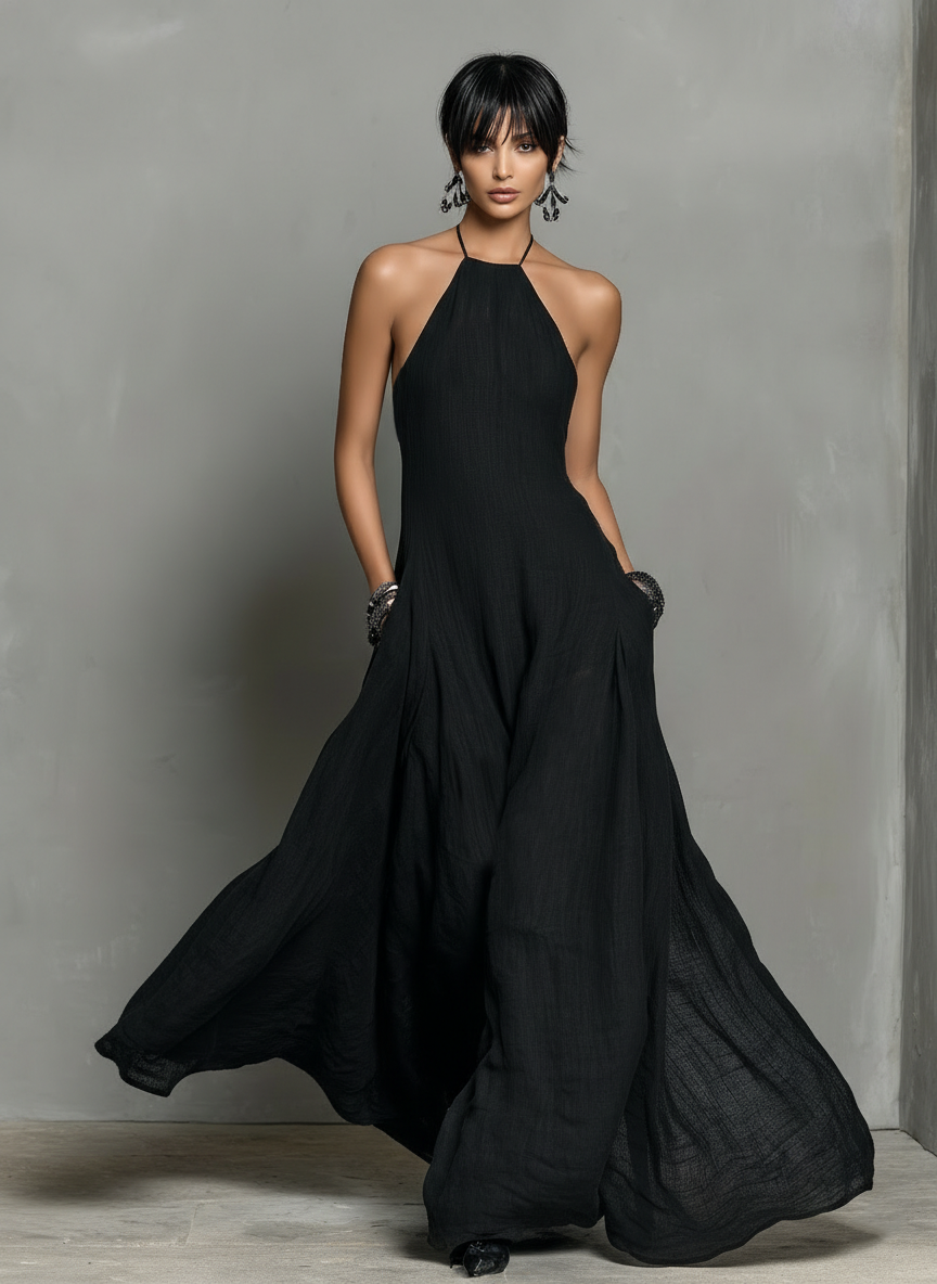 Sheila | Linen Blend Halter Neck Sleeveless Maxi Dress