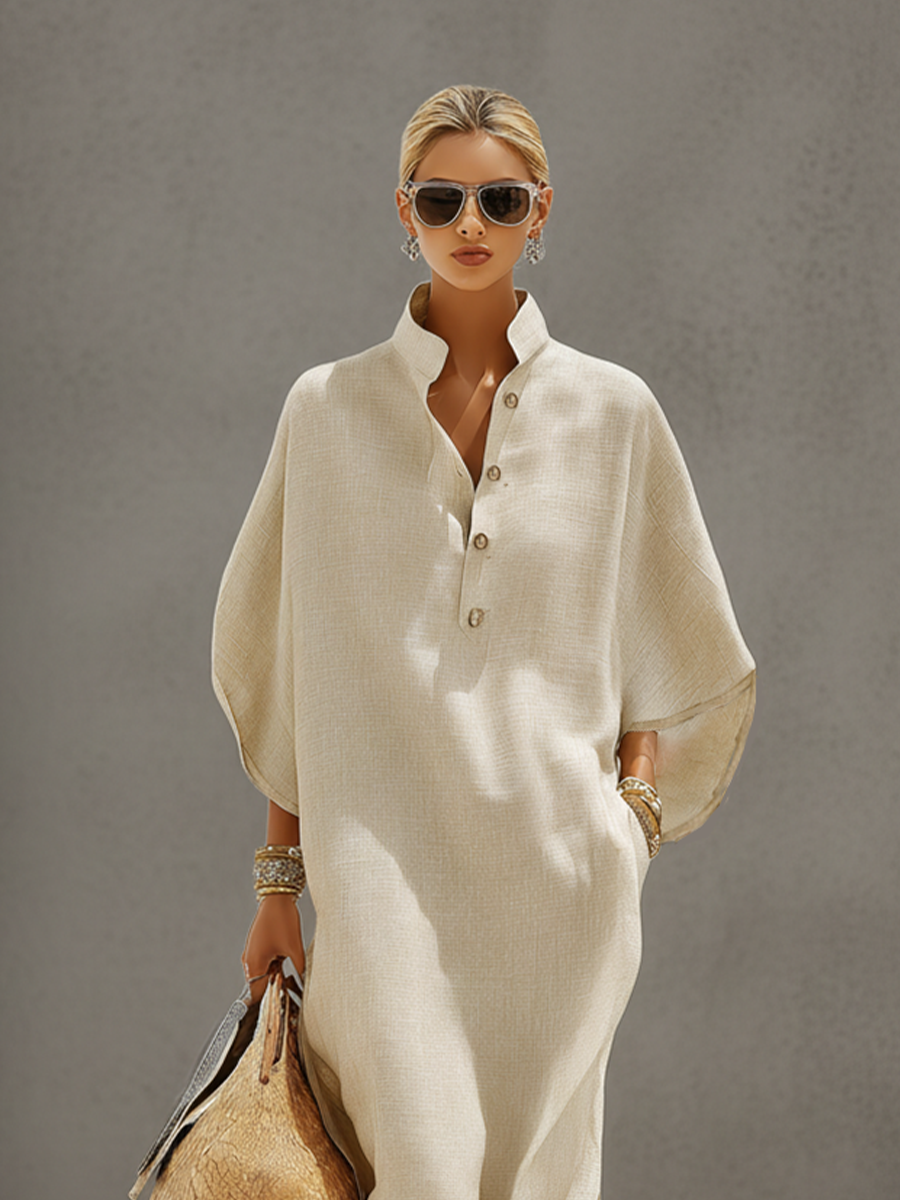 Emily | Linen Dress With Mandarin Collar &amp; Dolman Sleeves, Timeless Resort-Casual Style Dress