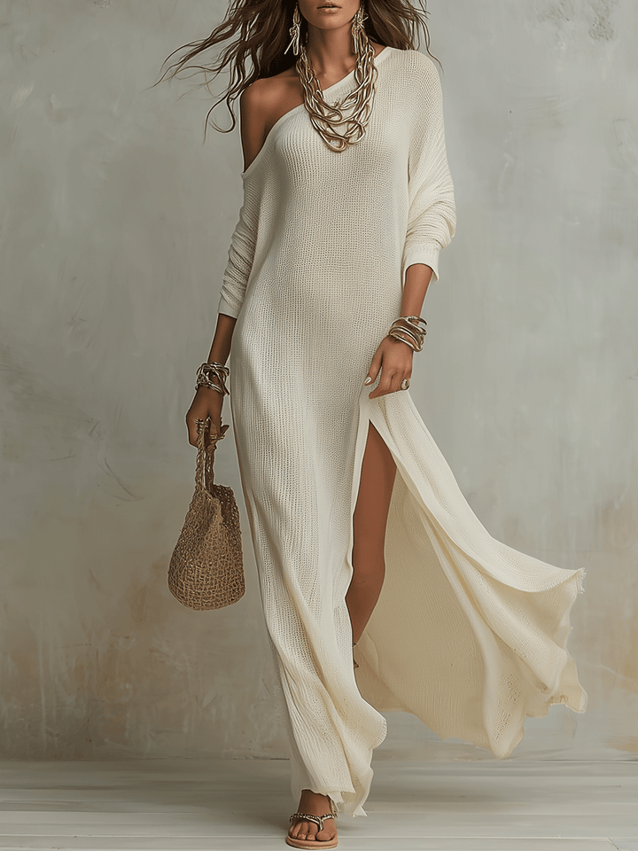 Savannah |  Ivory Bohemian Off Shoulder Loose Knit Side Split Maxi Dress