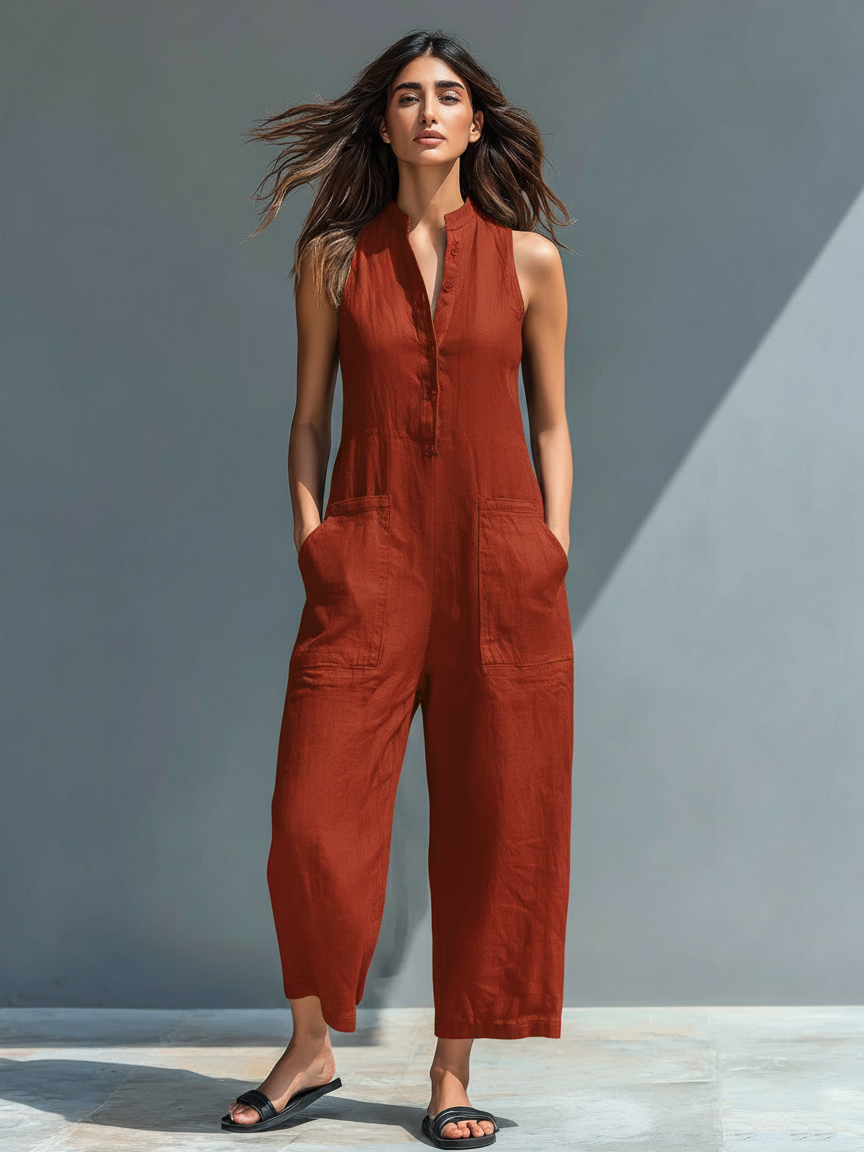 Katherine | Button Up Stand Collar Sleeveless Loose Jumpsuit