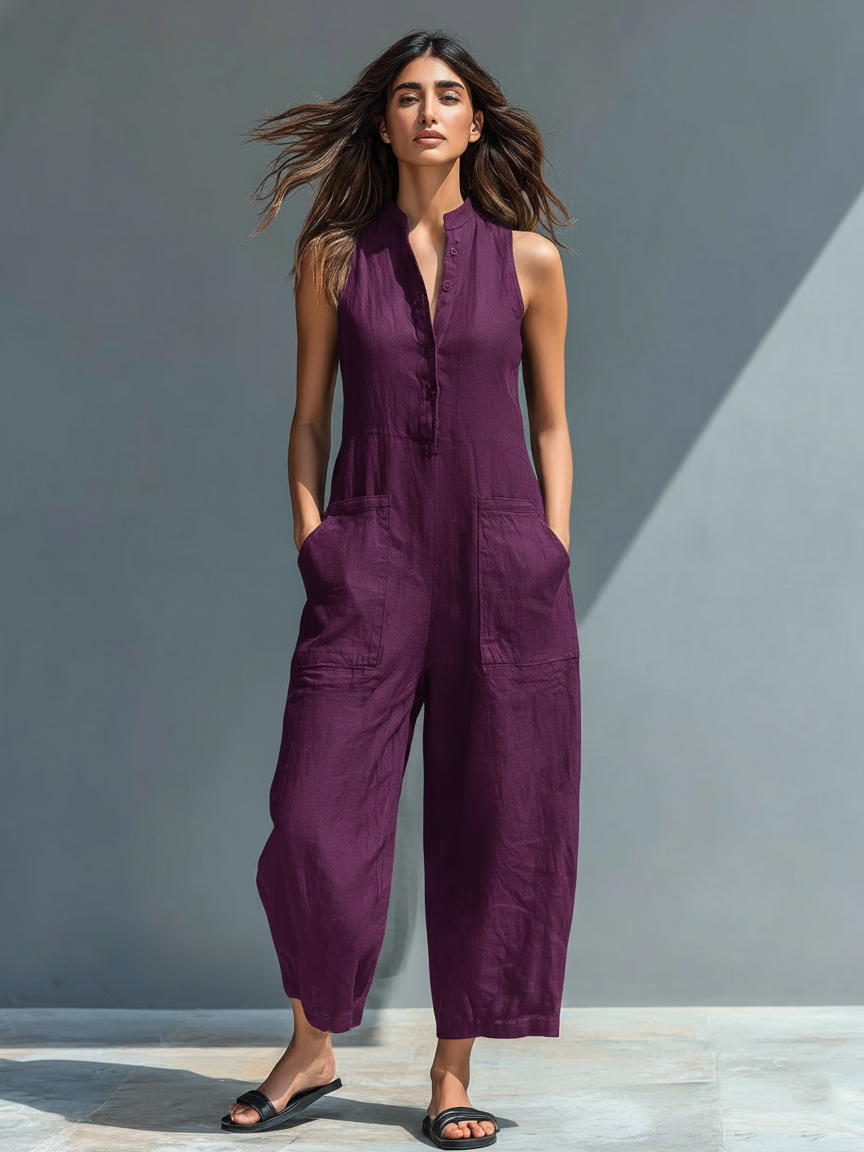 Katherine | Button Up Stand Collar Sleeveless Loose Jumpsuit