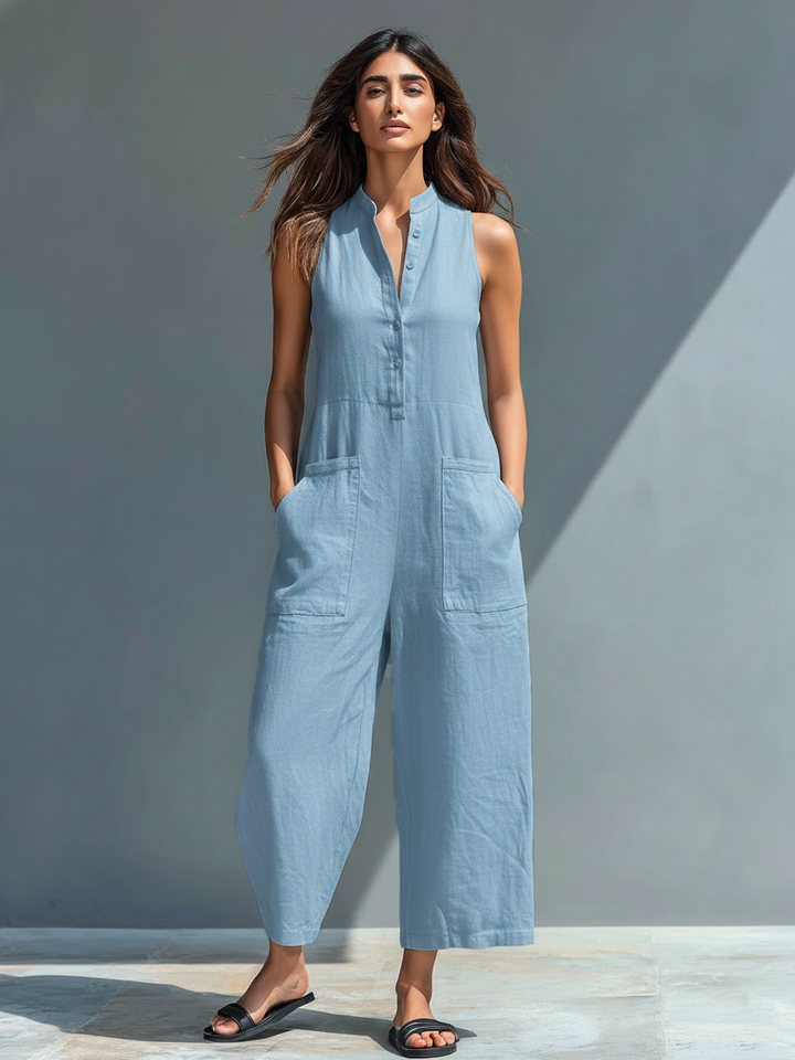 Katherine | Button Up Stand Collar Sleeveless Loose Jumpsuit