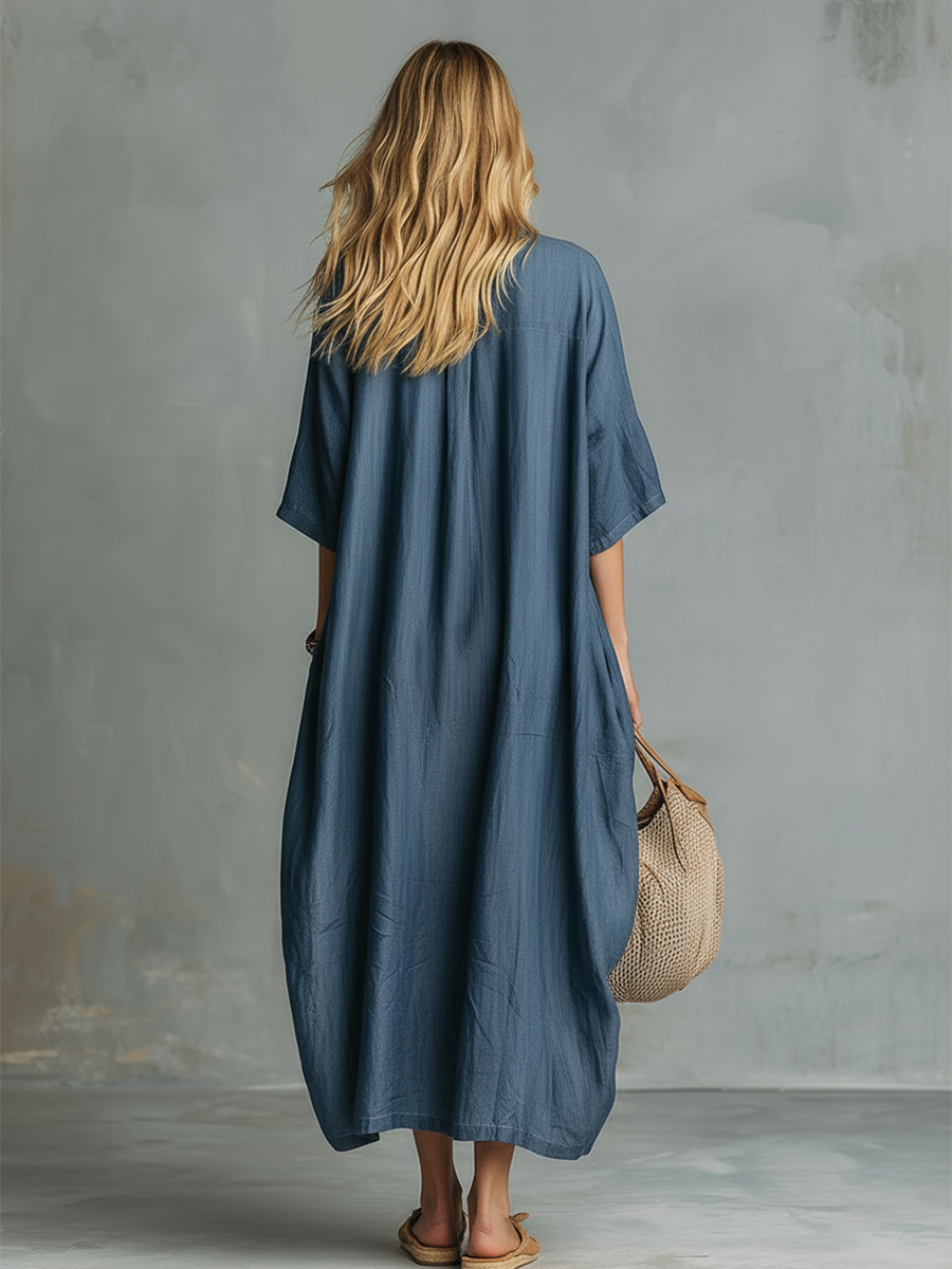 Georgia | Retro Blue Tencel Denim Short-sleeved Maxi Dress