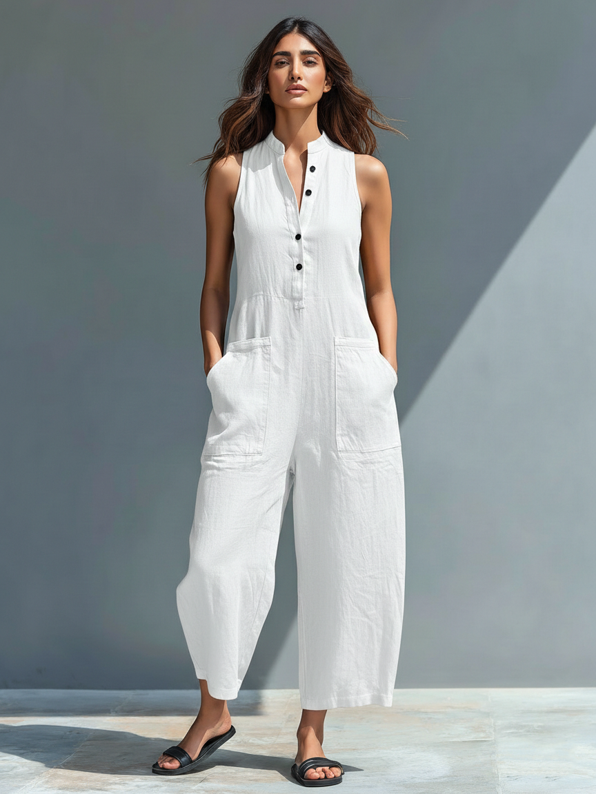Katherine | Button Up Stand Collar Sleeveless Loose Jumpsuit