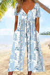 Marina | Women's Leaf Print V-Neck Jumpsuit with Short Sleeves and Wide Legs