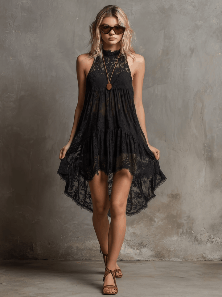Seraphina | Bohemian Resort Black Lace Sleeveless A-line Mini Dress