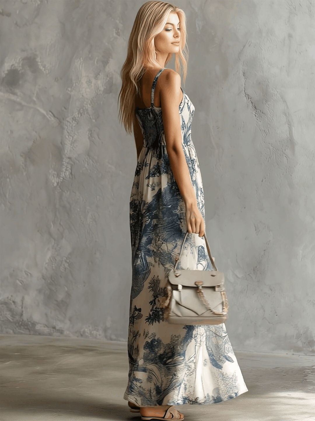 Colette | Retro Elegant Blue Floral Print Sleeveless Square Neck Chiffon Maxi Dress