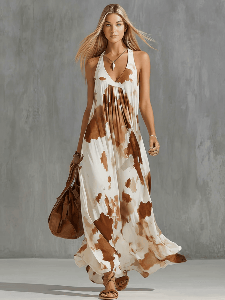 Molly | Vintage Brown Cow Print White Chiffon Sleeveless Maxi Dress