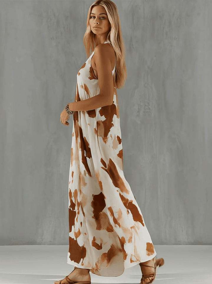 Molly | Vintage Brown Cow Print White Chiffon Sleeveless Maxi Dress