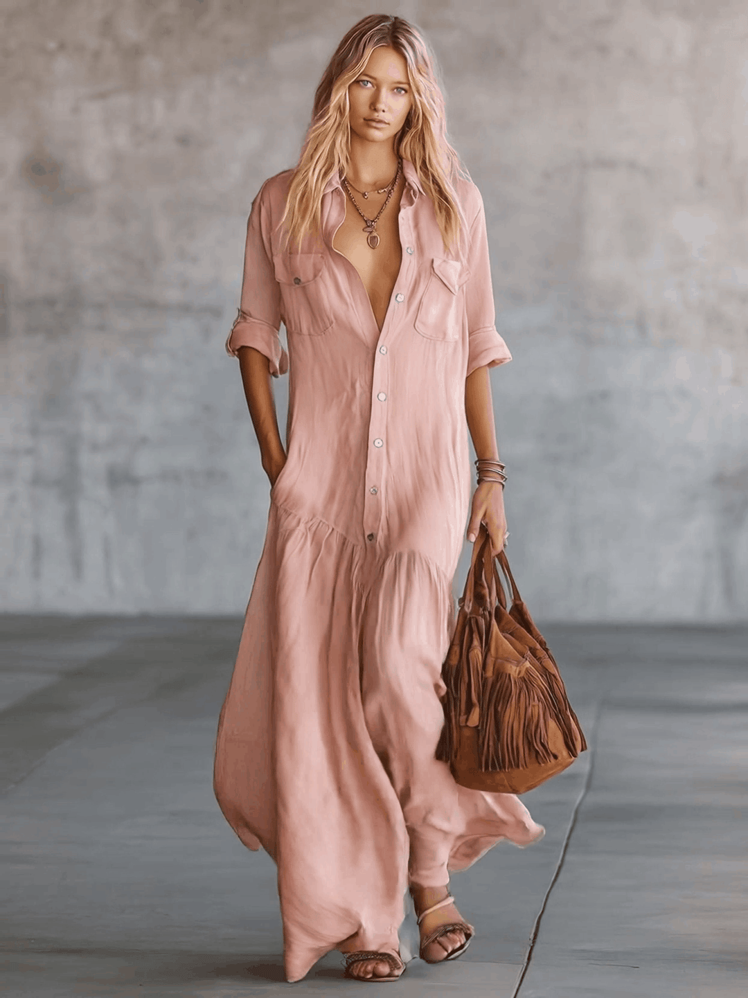 Calista | Casual Retro Western V-neck Front Button Short Sleeve Pink Cotton Linen Shirt Maxi Dress