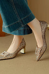 Stella | Women's Glitter Block Heel Pumps Pointed Toe Crystal Buckle