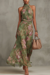 Adeline | Green Floral Chiffon Halter Maxi Dress