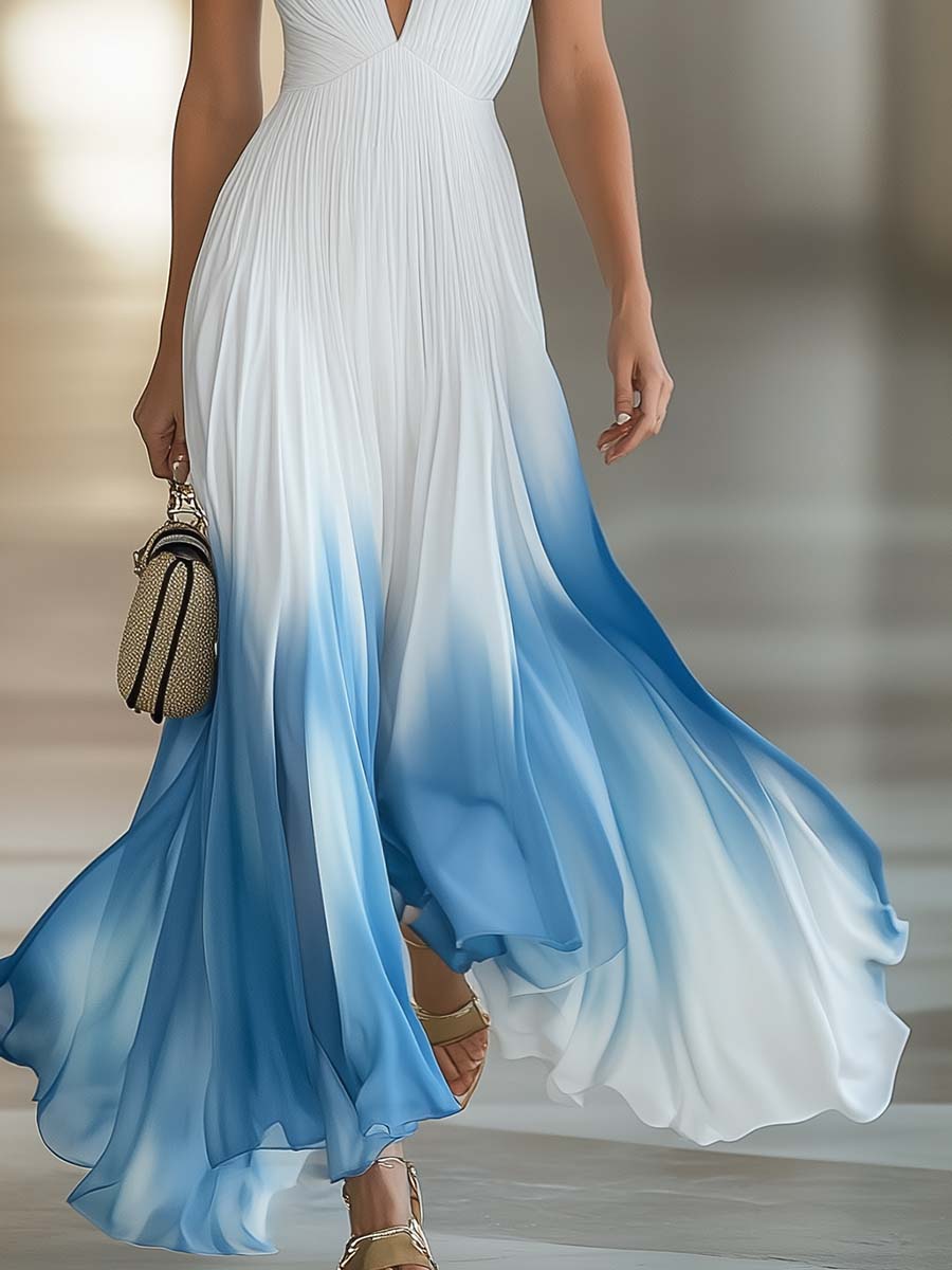 Eliana | Elegant And Flowing V-Neck Pleated Chiffon Blue Gradient White Maxi Dress
