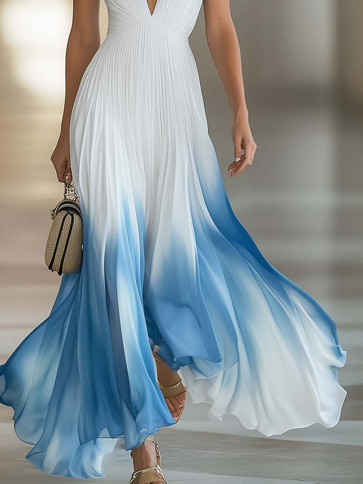 Eliana | Elegant And Flowing V-Neck Pleated Chiffon Blue Gradient White Maxi Dress