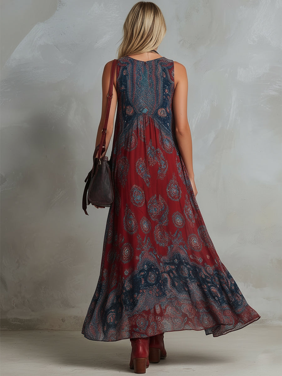 Noa | Retro Ethnic Bohemian Print Chiffon Sleeveless Maxi Dress