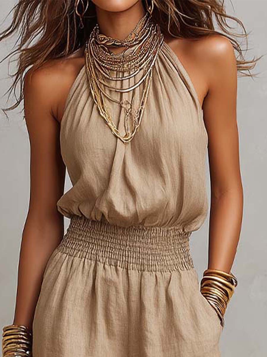 Sage | Tan Cotton Linen Halter Neck Smocked Waist Wide Leg Jumpsuit