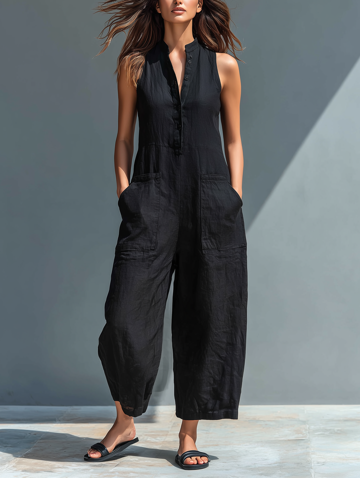Katherine | Button Up Stand Collar Sleeveless Loose Jumpsuit