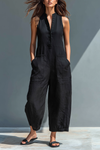 Katherine | Button Up Stand Collar Sleeveless Loose Jumpsuit