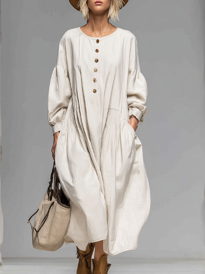 Sadie | Loose Round-neck Button-front Double-pocket Cotton Long-sleeved Midi Dress