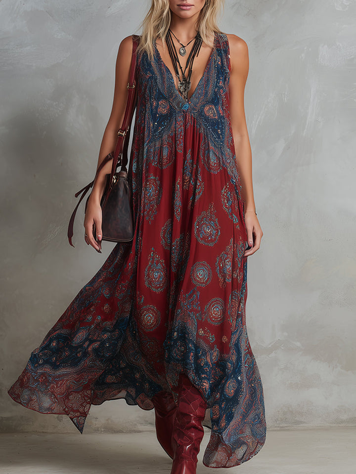 Noa | Retro Ethnic Bohemian Print Chiffon Sleeveless Maxi Dress
