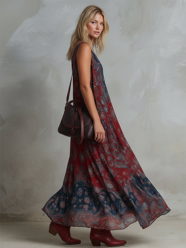 Noa | Retro Ethnic Bohemian Print Chiffon Sleeveless Maxi Dress