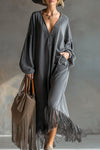 Isadora | Elegant Silhouette Grey Denim Tassel Long Sleeve Maxi Dress