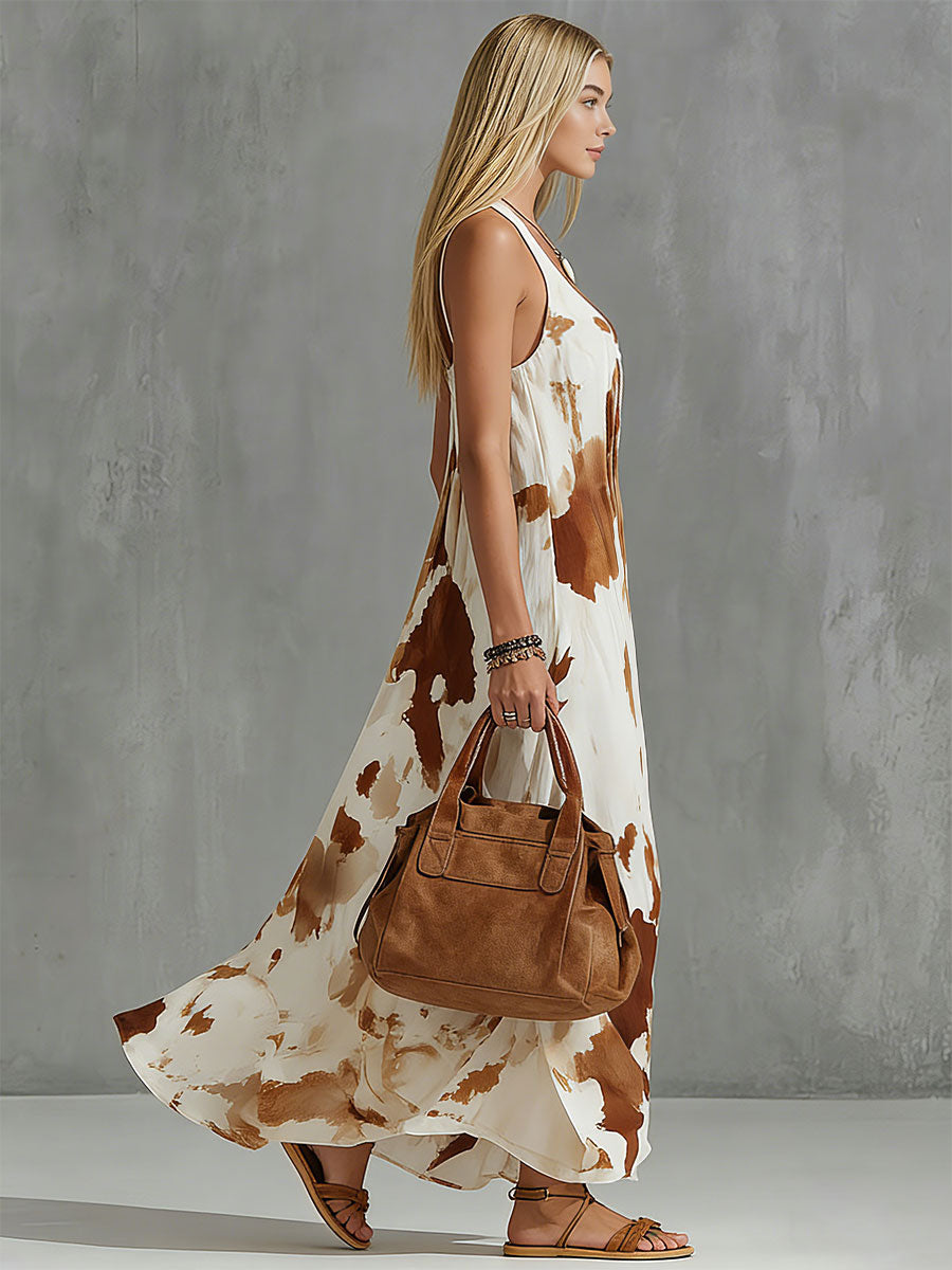 Molly | Vintage Brown Cow Print White Chiffon Sleeveless Maxi Dress