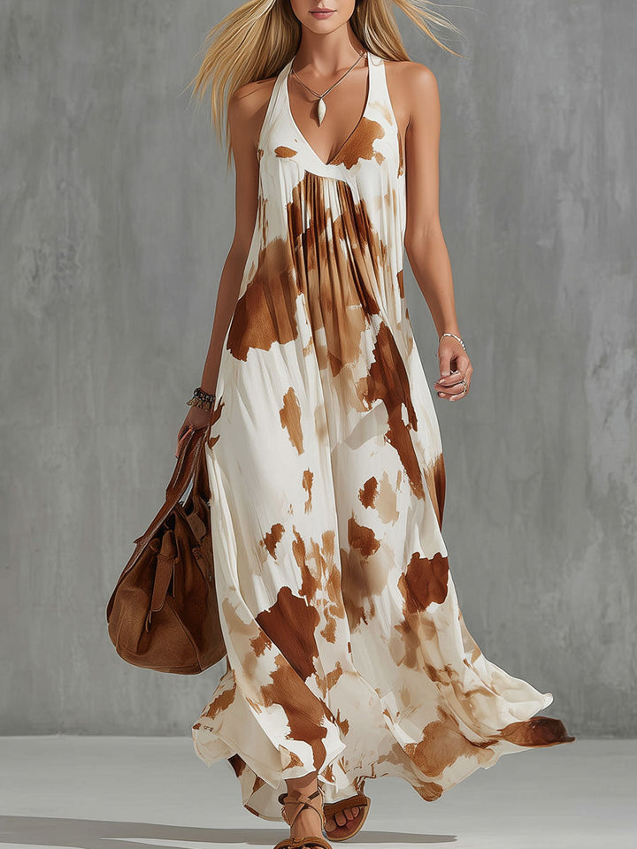 Molly | Vintage Brown Cow Print White Chiffon Sleeveless Maxi Dress