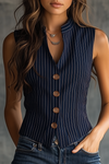 Vintage Henley Neck Sleeveless Striped Tank Top