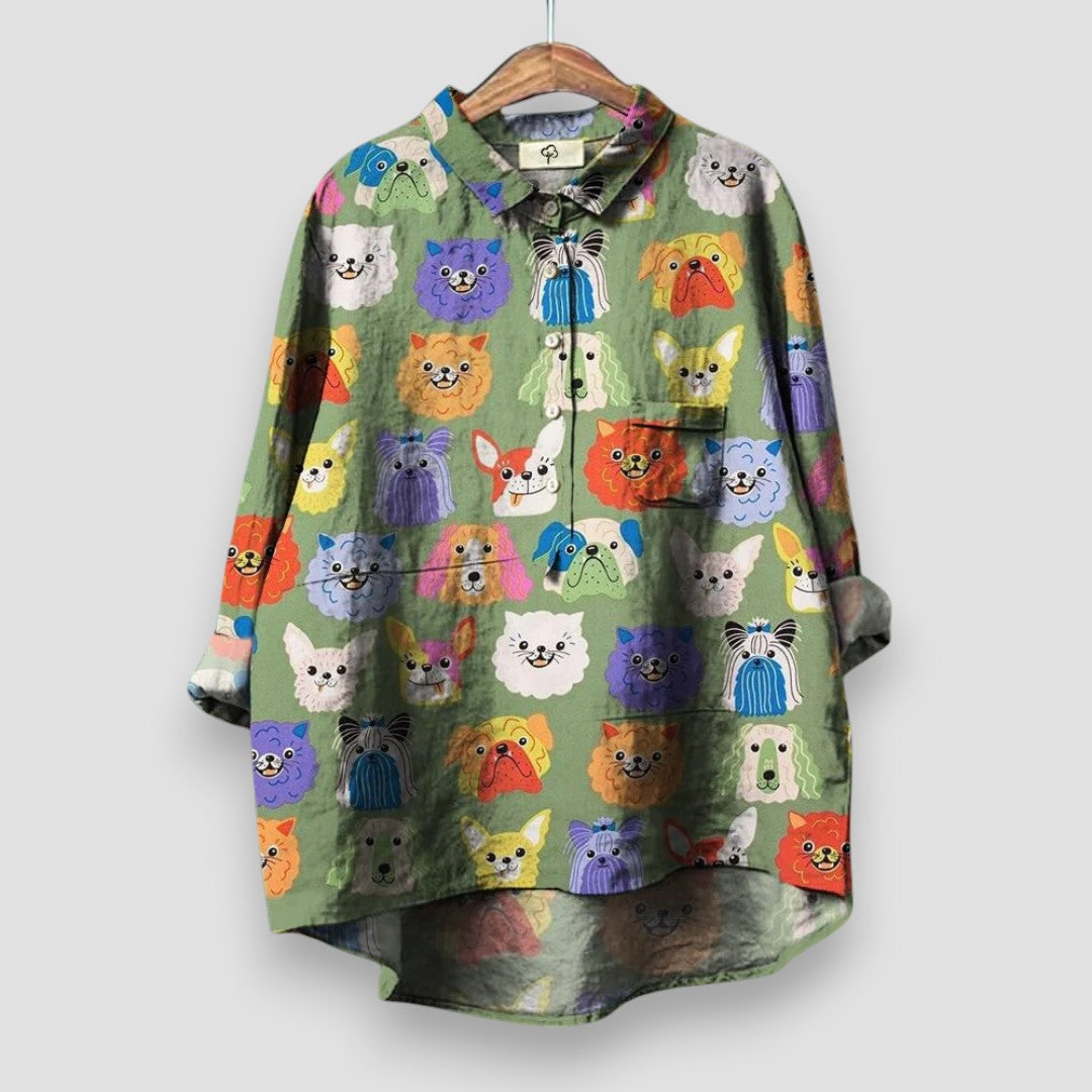 Isolde | Casual Shirt with Dog Print and Short Sleeves