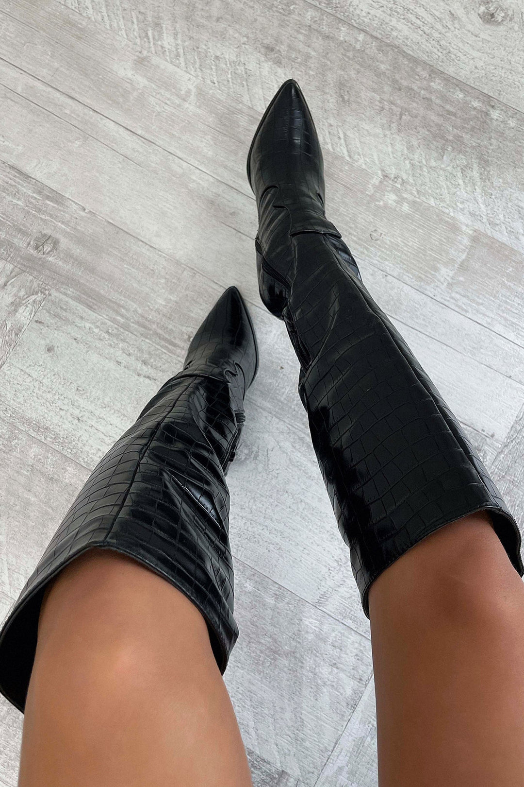 Mila | Black Croc Knee-High Boots