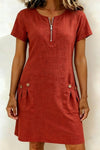 Remi | Women's Shift Dress Short Sleeve Zip Neck with Pockets
