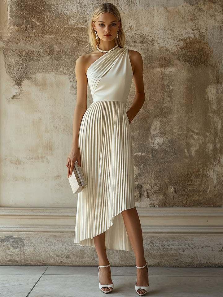 Fiona | Elegant Evening Gown White Pleated Sleeveless Midi Dress