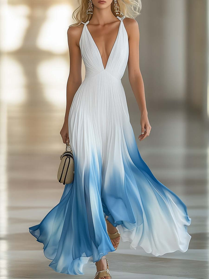 Eliana | Elegant And Flowing V-Neck Pleated Chiffon Blue Gradient White Maxi Dress
