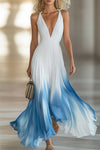 Eliana | Elegant And Flowing V-Neck Pleated Chiffon Blue Gradient White Maxi Dress