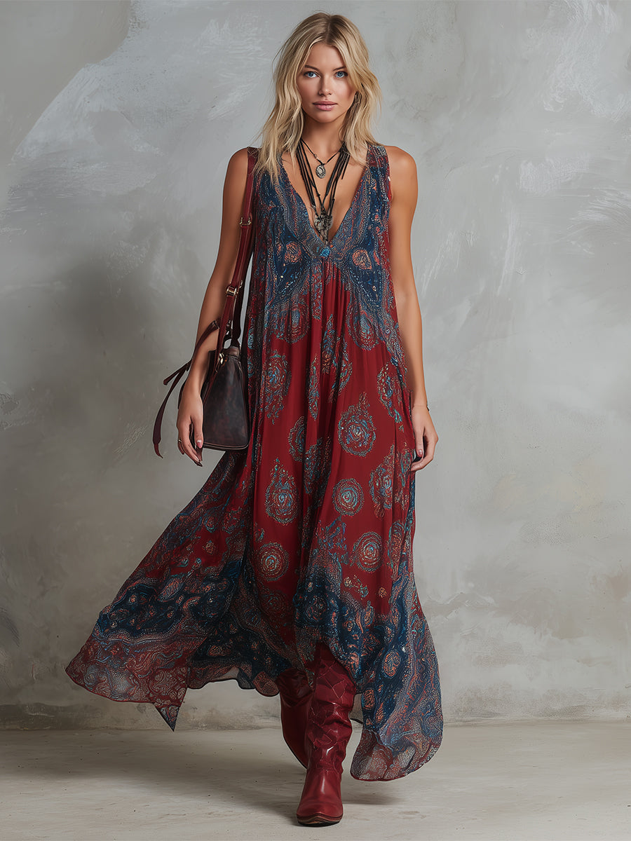 Noa | Retro Ethnic Bohemian Print Chiffon Sleeveless Maxi Dress