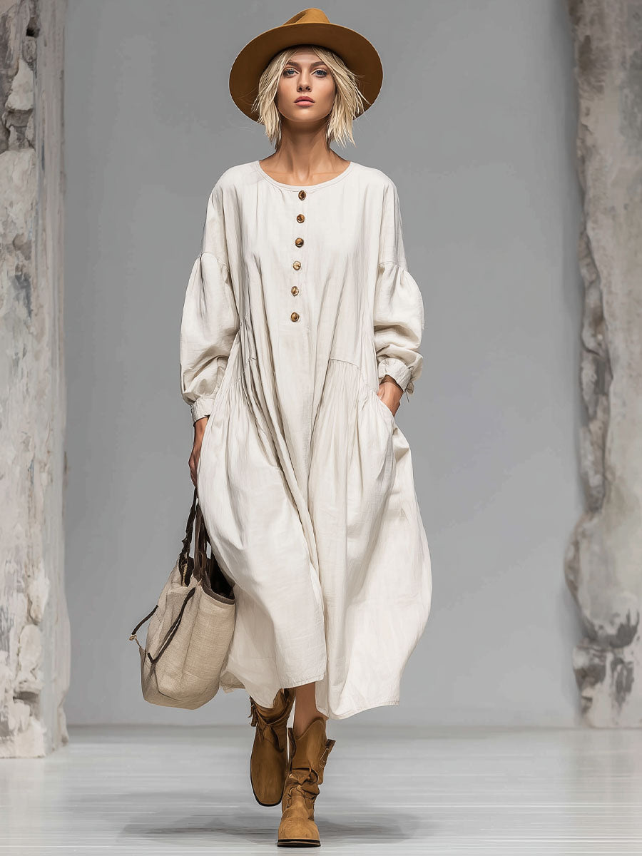 Sadie | Loose Round-neck Button-front Double-pocket Cotton Long-sleeved Midi Dress