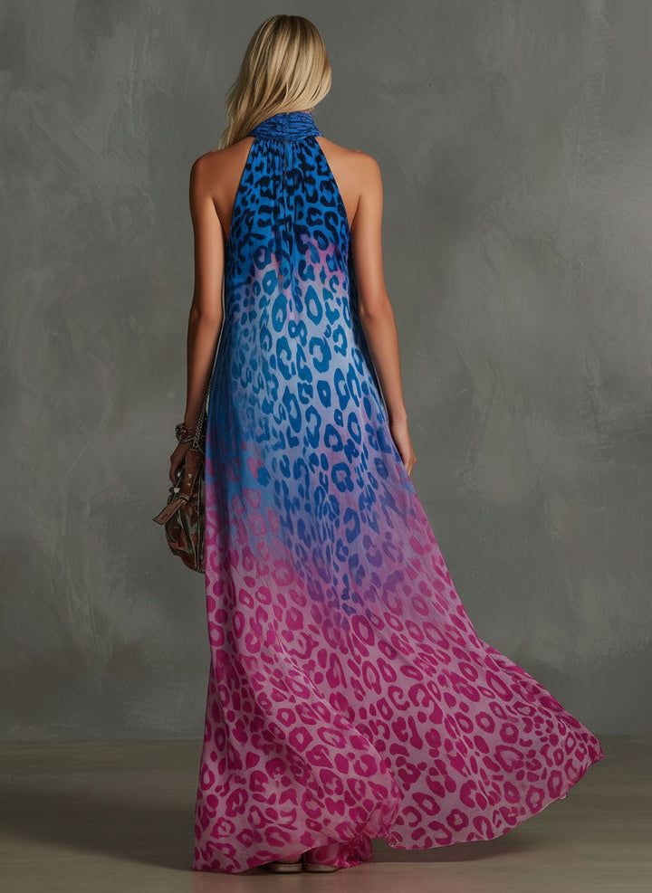 Naomi | Gradient Leopard Print Chiffon High-neck Sleeveless Maxi Dress