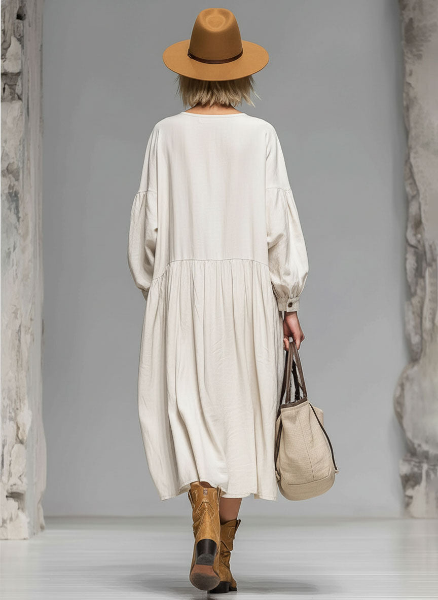 Sadie | Loose Round-neck Button-front Double-pocket Cotton Long-sleeved Midi Dress