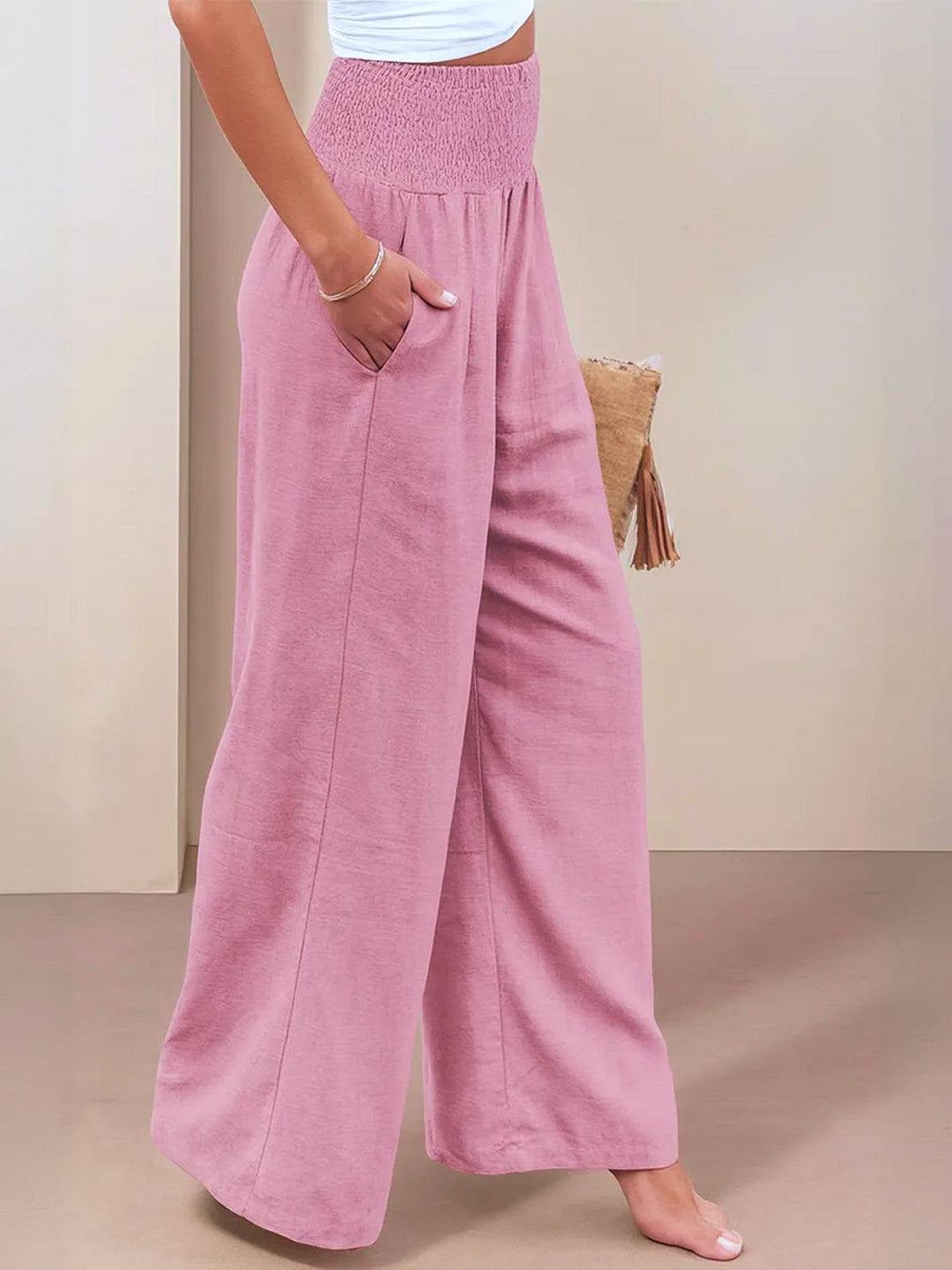 Maeve | High Waist Wide Leg Trousers with Smocked Waist and Relaxed Fit