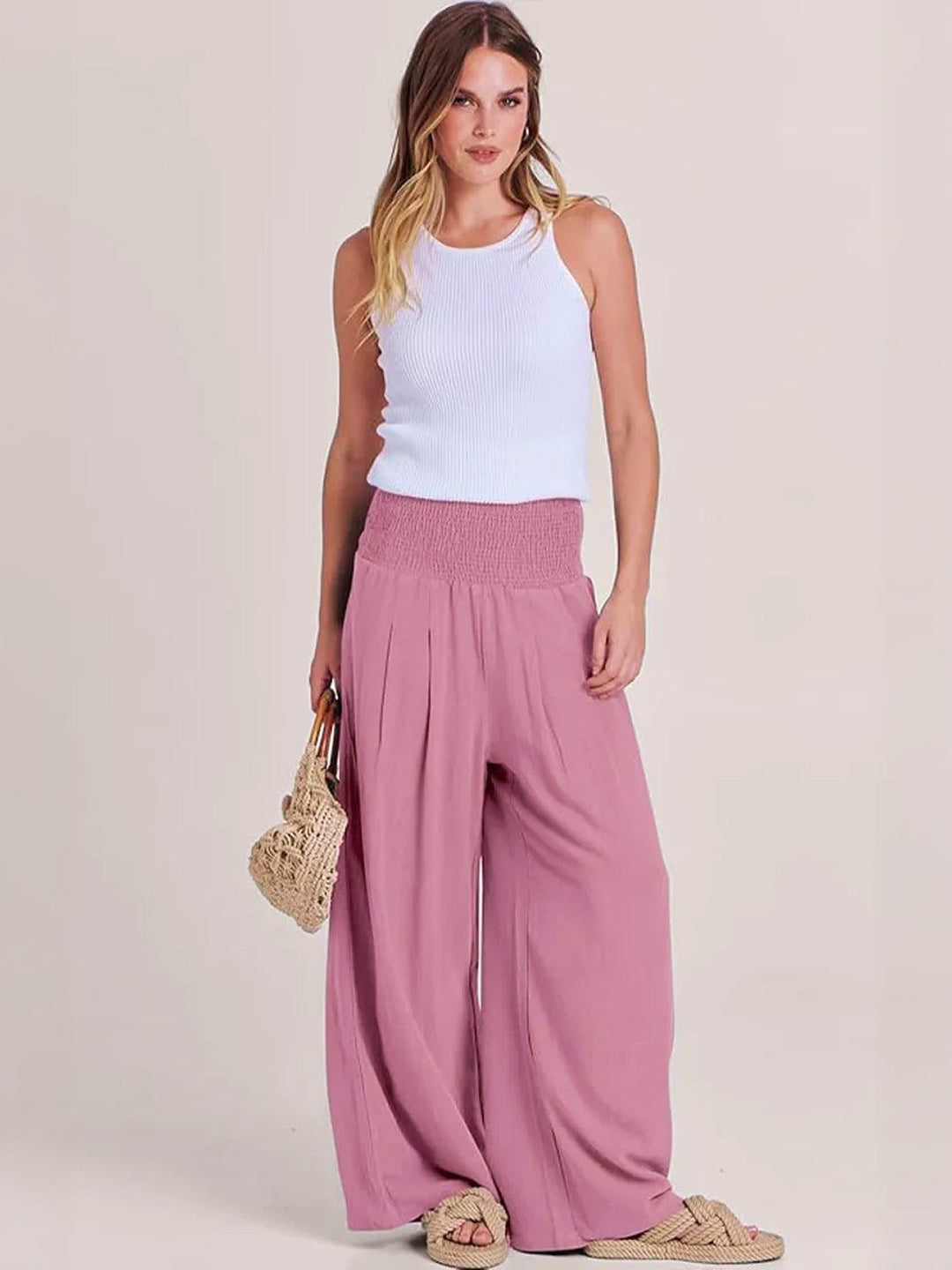 Maeve | High Waist Wide Leg Trousers with Smocked Waist and Relaxed Fit