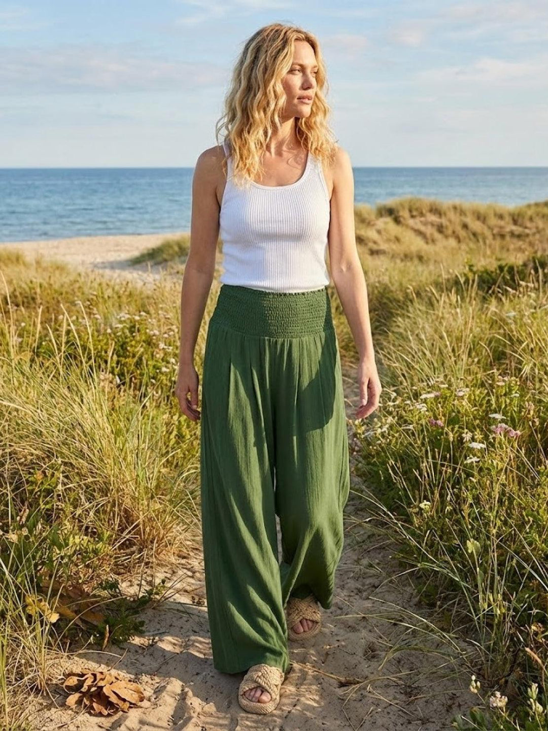 Maeve | High Waist Wide Leg Trousers with Smocked Waist and Relaxed Fit